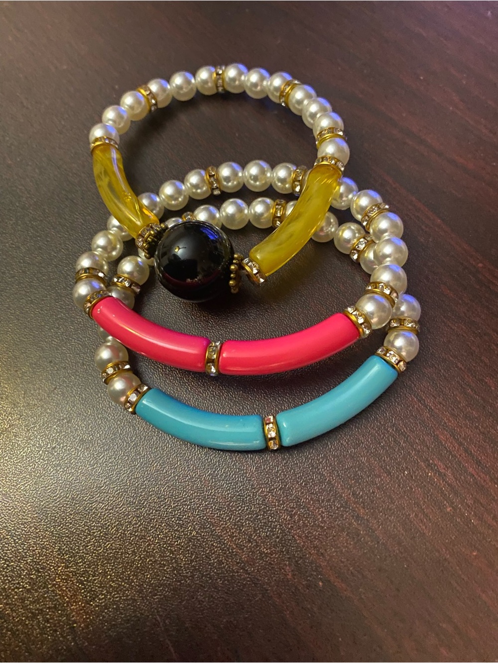 Pearl Bead Stretch bangles  Bracelet Set with Pink, Blue and Yellow Accents